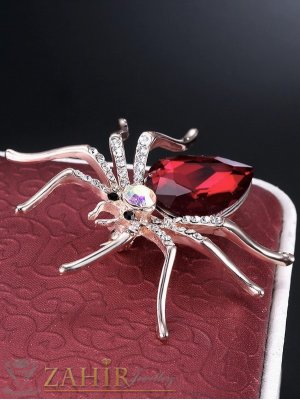 Великолепен паяк брошка с голям червен кристал и малки бели камъни,размери 6 на 5 см, сребриста основа - B1284